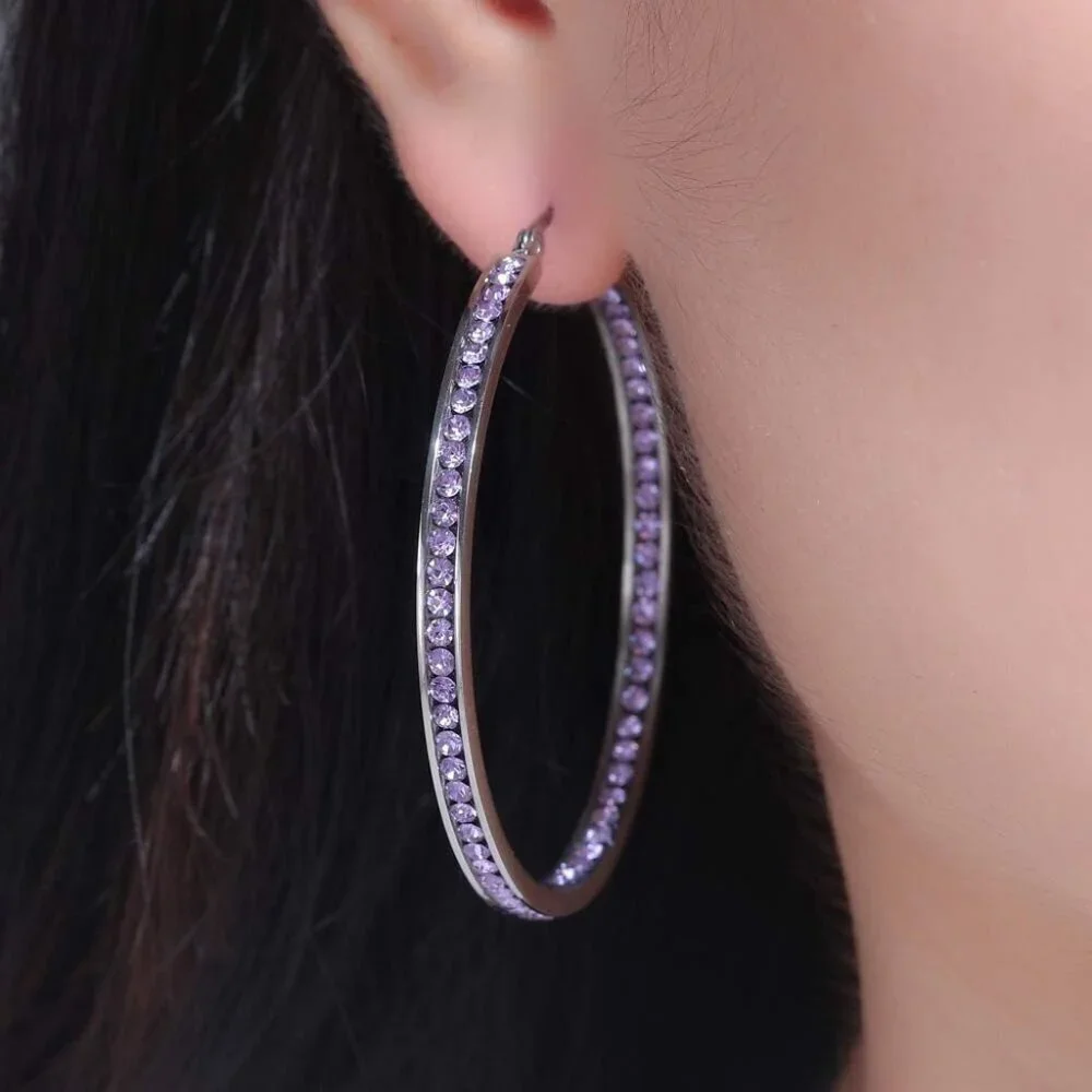 Multicolor Crystal Stainless Steel Hoop Earrings Big Hypoallergenic for Sensitiv